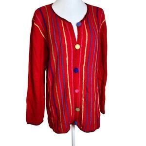 Handmade Peruvian 100% Alpaca Wool Sweater Art to Wear Red Multi Color Stripe